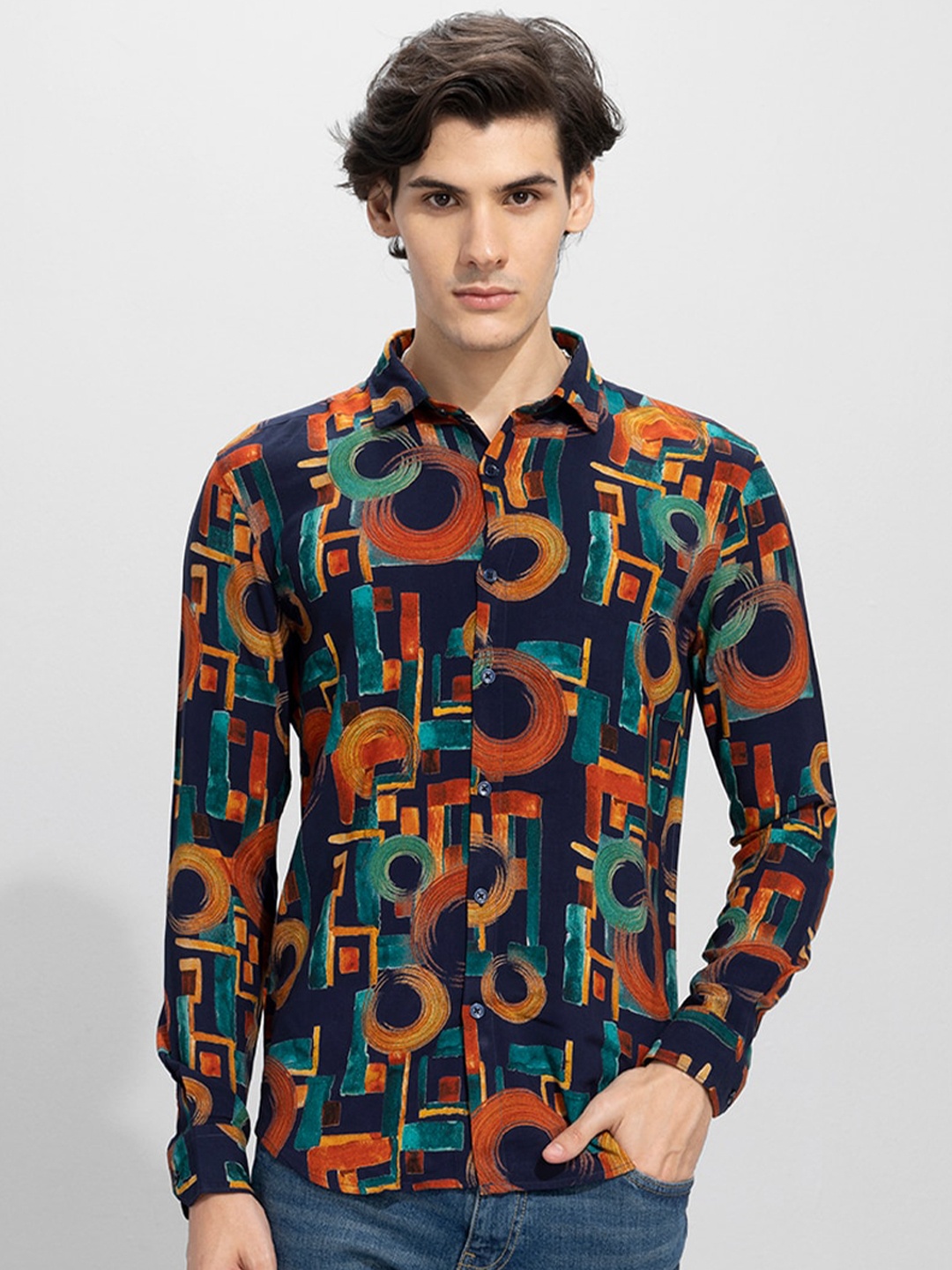 

Snitch Classic Slim Fit Opaque Printed Casual Shirt, Green