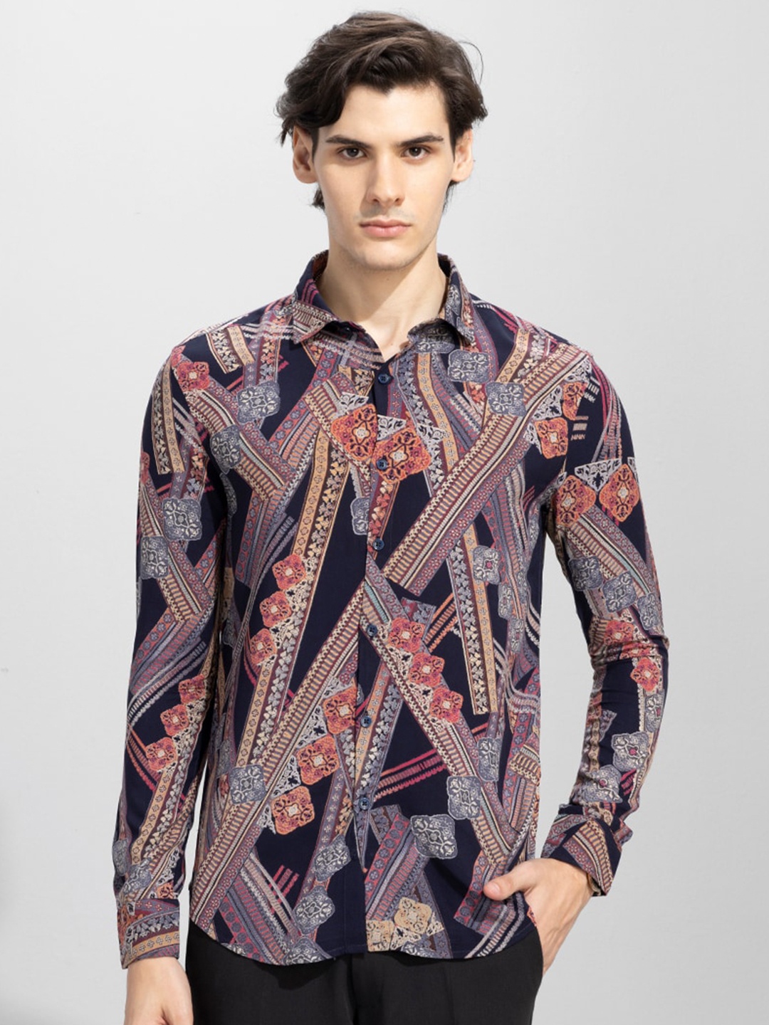 

Snitch Classic Slim Fit Opaque Printed Casual Shirt, Pink