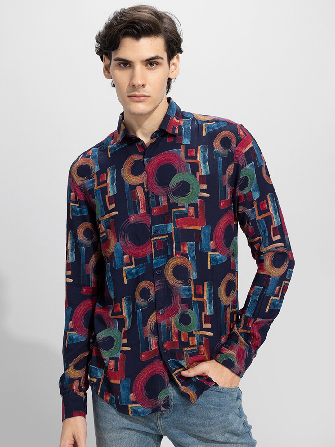 

Snitch Navy Blue Classic Abstract Printed Casual Shirt