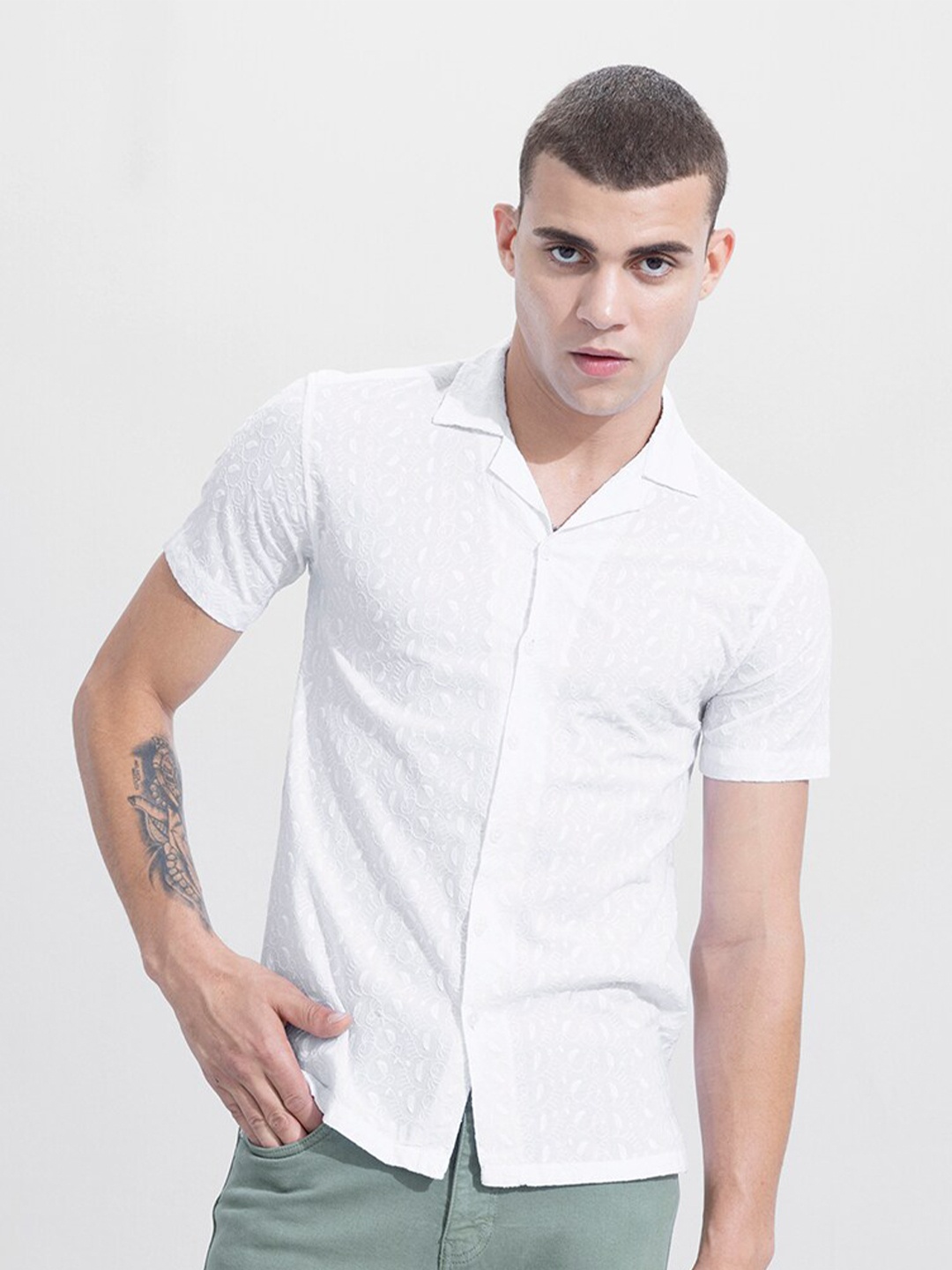 

Snitch White Classic Slim Fit Ethnic Motif Embroidered Casual Shirt