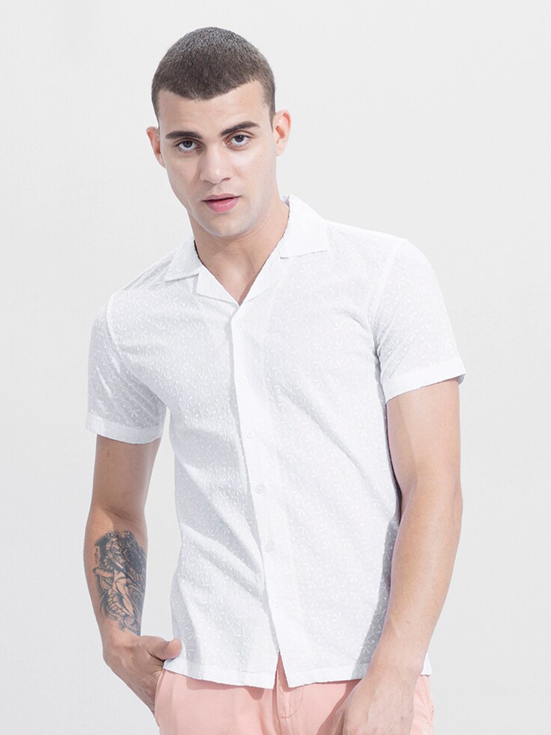 

Snitch White Classic Slim Fit Ethnic Motif Embroidered Casual Shirt