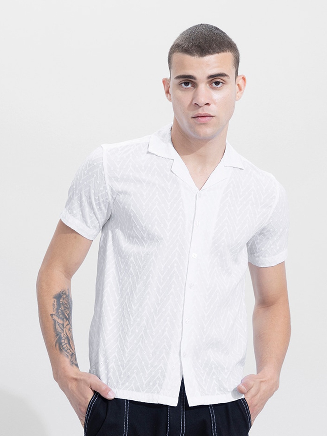 

Snitch White Classic Slim Fit Self Design Cuban Collar Cotton Casual Shirt