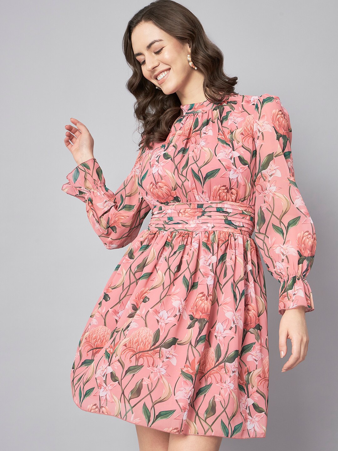 

The Dry State Rose Pink Floral Printed High Neck Puff Sleeves Georgette Fit & Flare Dress