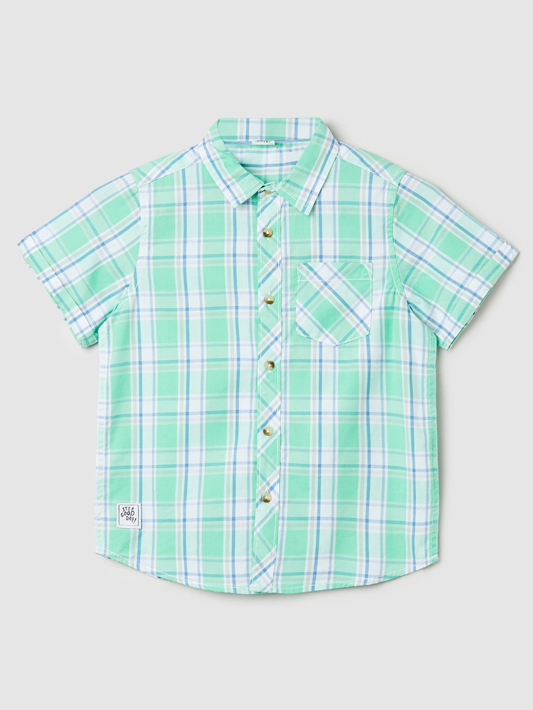 

max Boys Tartan Checked Spread Collar Pure Cotton Casual Shirt, Green