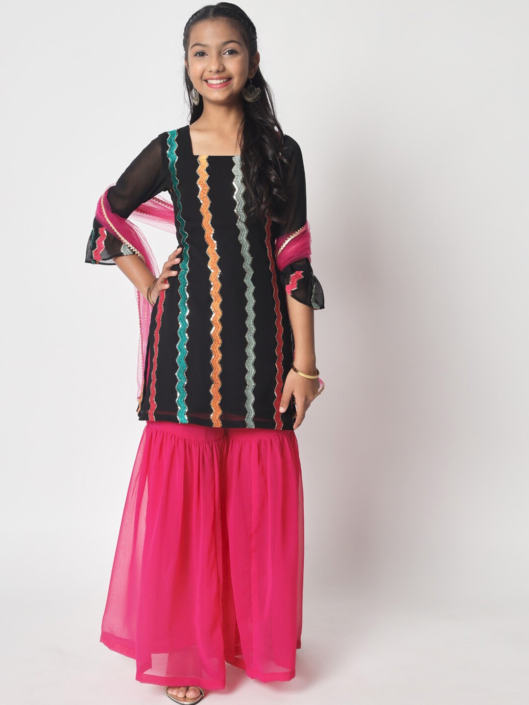 studio rasa Girls Geometric Embroidered Sequinned Kurti & Sharara With Dupatta, Black