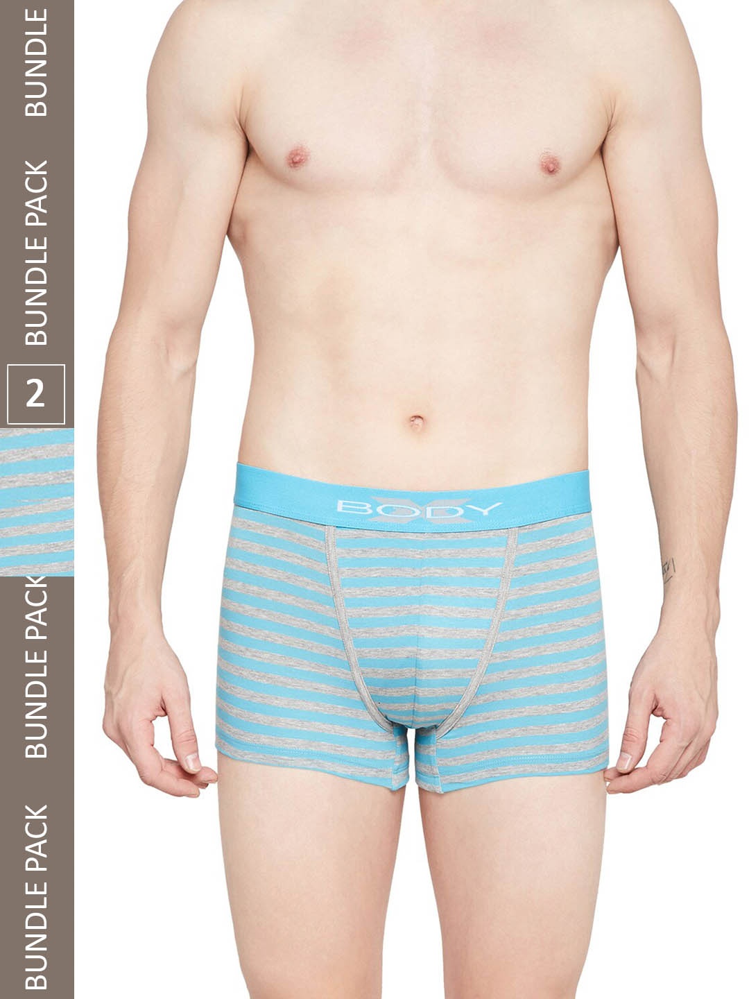 

BODYX Pack Of 2 Striped Cotton Trunks BX03T-TURQUOISE Stripe-2PCS-XL, Turquoise blue