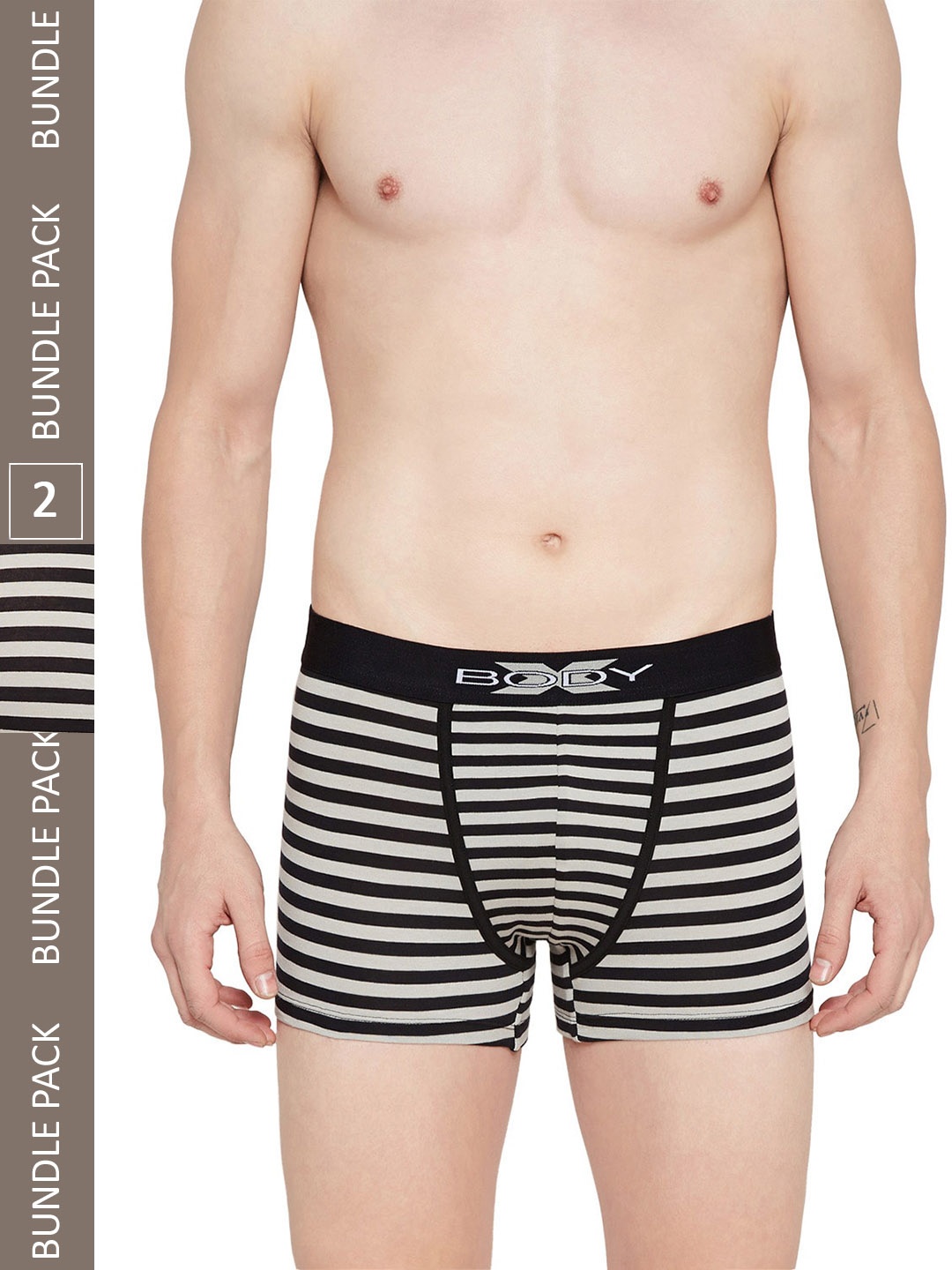 

BODYX Men Pack Of 2 Striped Pure Combed Cotton TrunksBX03T-BLK-2-XL, Black
