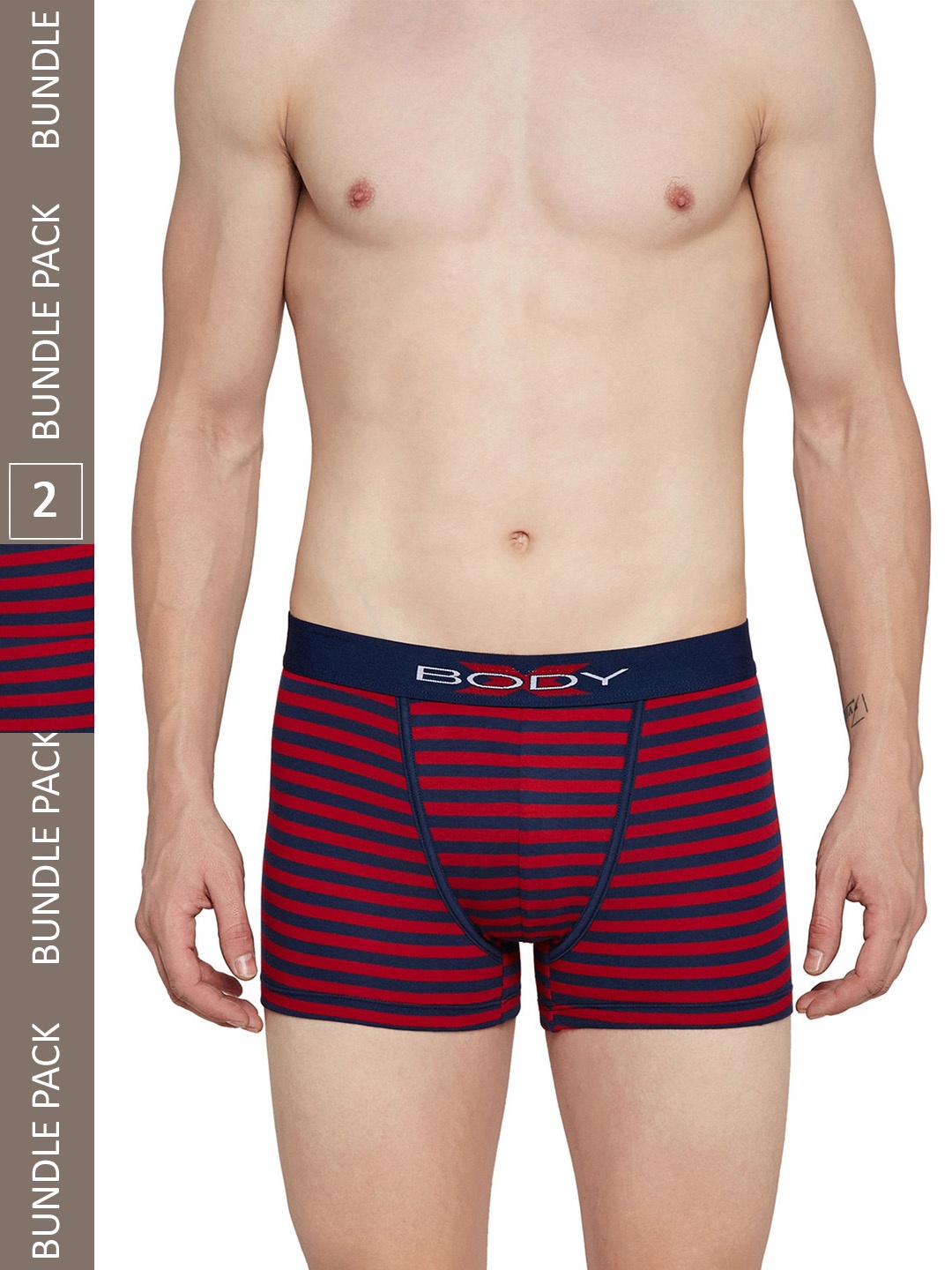 

BODYX Pack Of 2 Striped Pure Combed Cotton TrunksBX03T-NVY-2-S, Navy blue