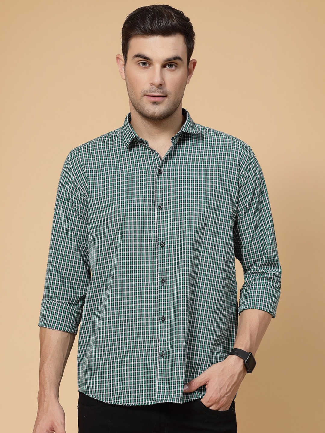 

ADWYN PETER Grid Tattersall Checked Cotton Casual Shirt, Green