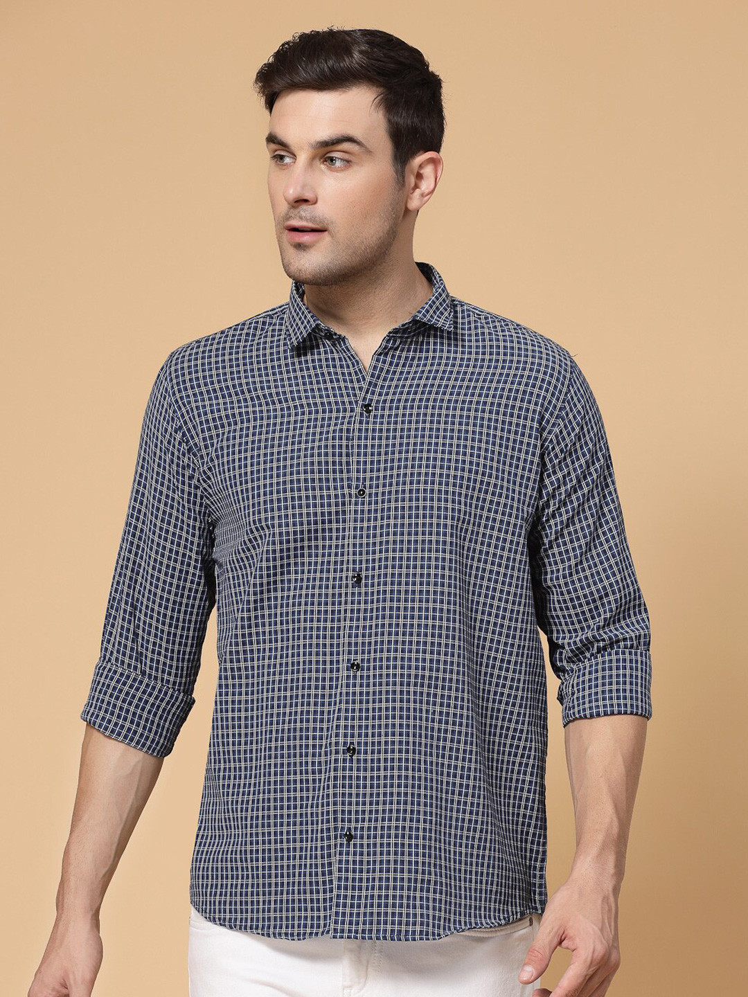 

ADWYN PETER Grid Tattersall Checks Cotton Casual Shirt, Navy blue