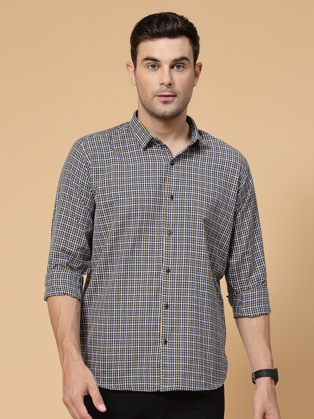 

ADWYN PETER Grid Tattersall Checked Cotton Casual Shirt, Black