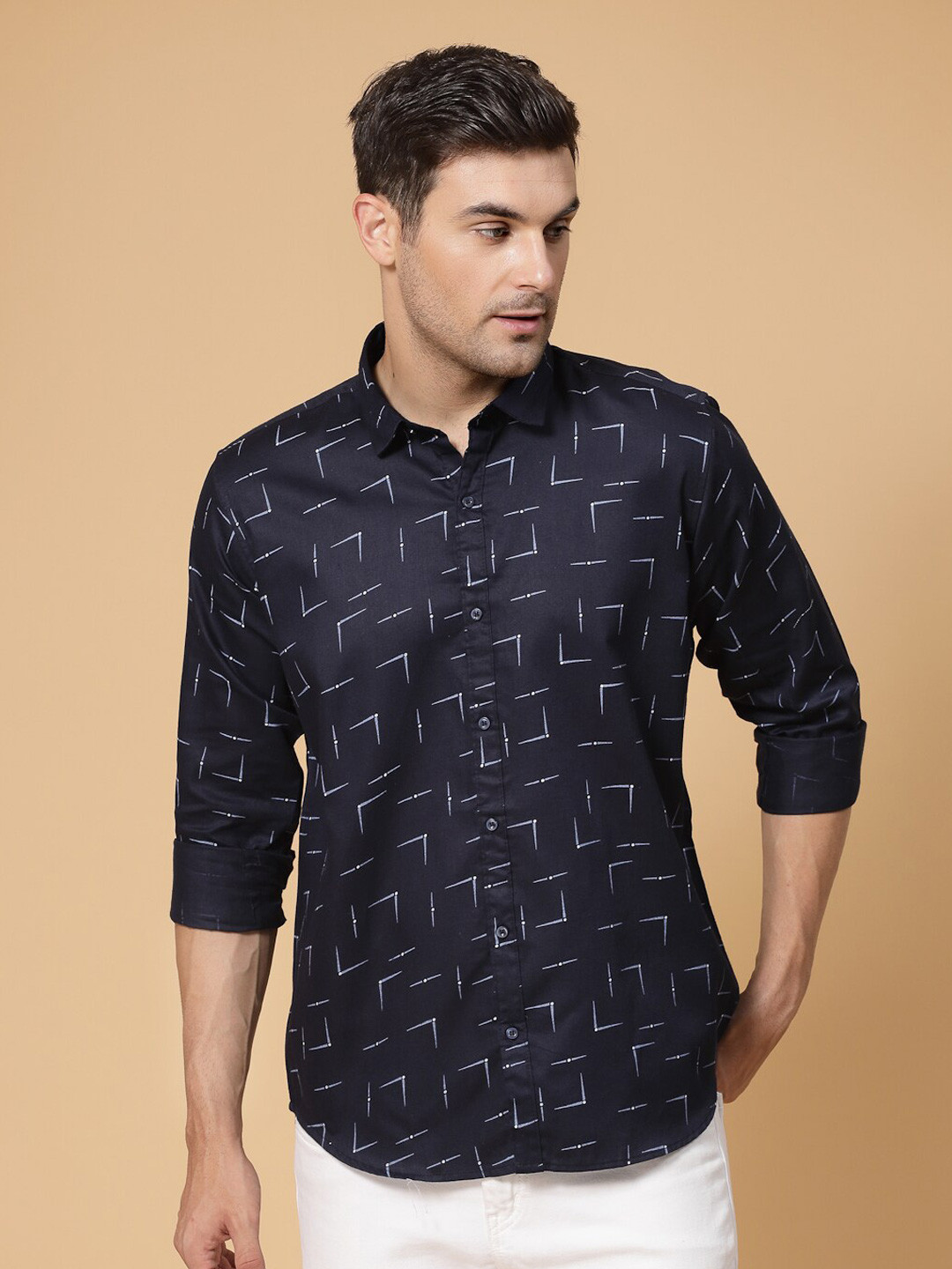 

ADWYN PETER Geometric Printed Cotton Casual Shirt, Navy blue