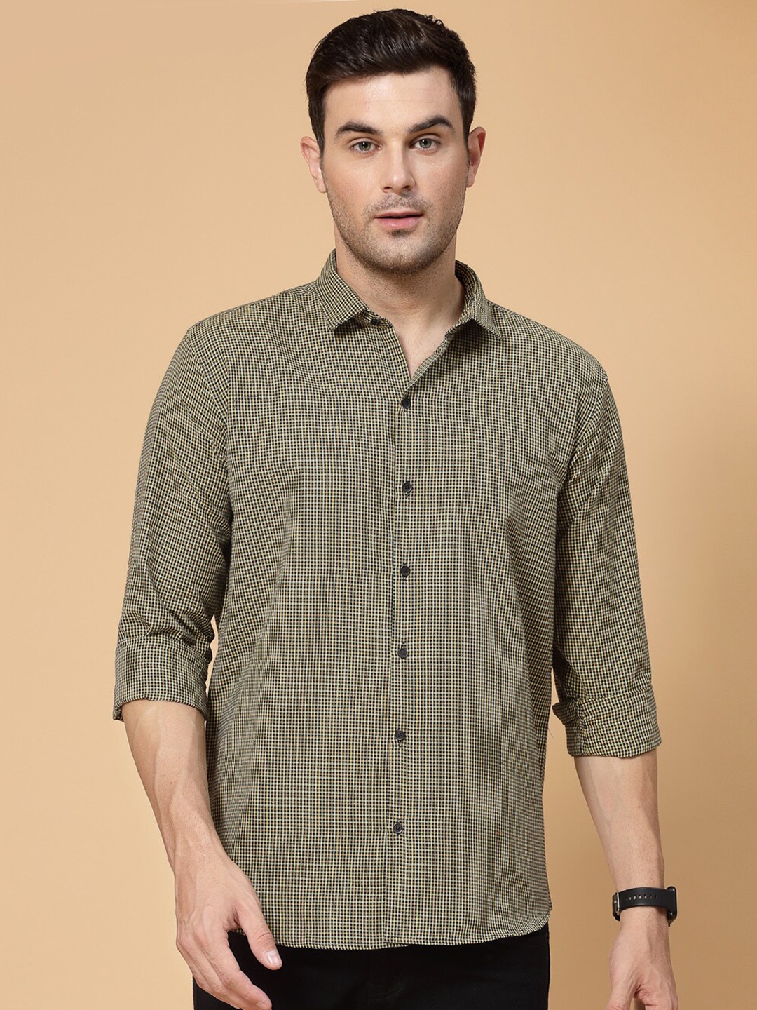 

ADWYN PETER Grid Tattersall Checks Cotton Casual Shirt, Khaki