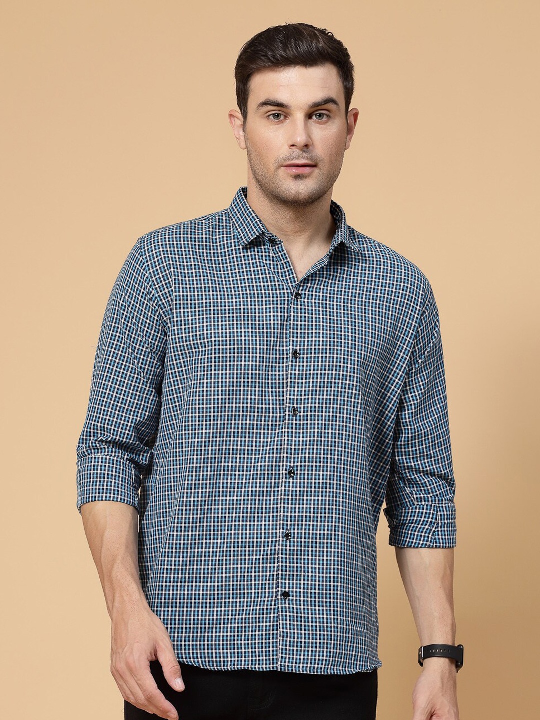 

ADWYN PETER Grid Tattersall Checked Cotton Casual Shirt, Blue