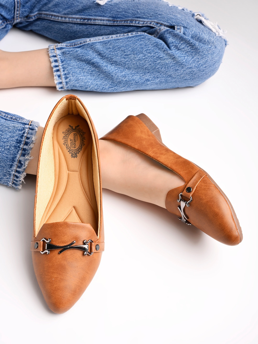 

Shoetopia Pointed Toe Embellished Ballerinas, Tan