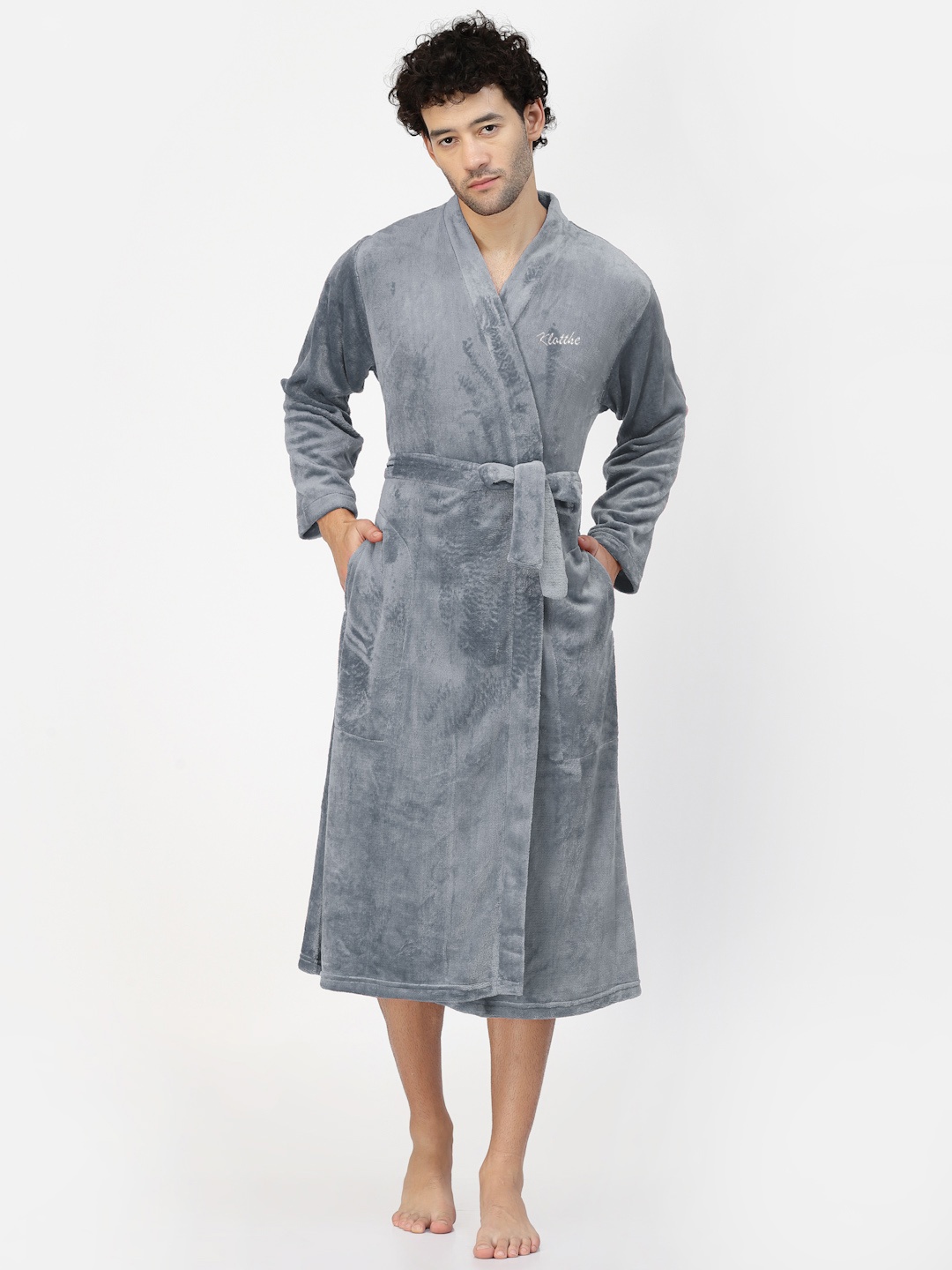 

KLOTTHE Men Wool Bath Robe With Belt, Grey