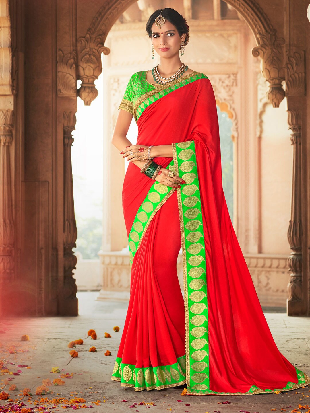 

KALINI Zari Poly Chiffon Saree, Red