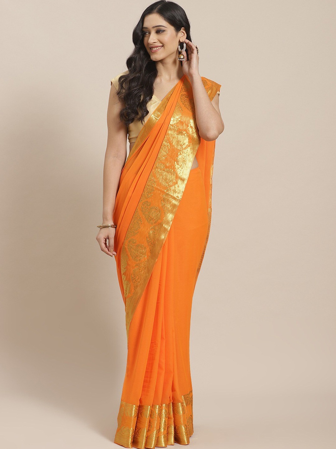 

KALINI Zari Poly Chiffon Kanjeevaram Saree, Orange