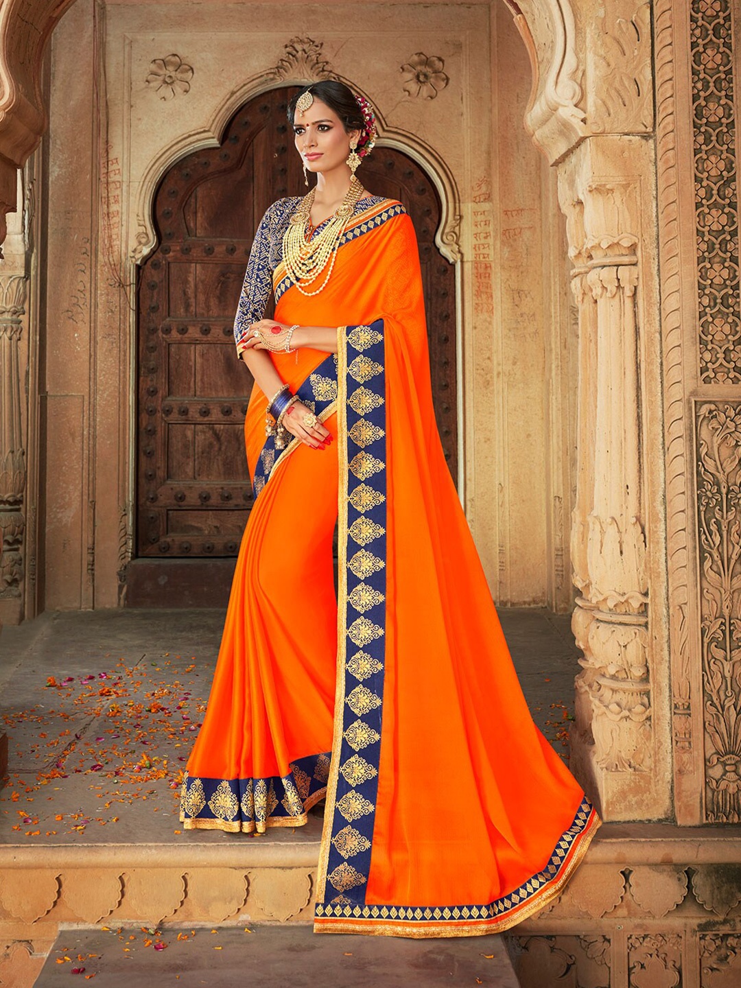 

KALINI Zari Poly Chiffon Saree, Orange