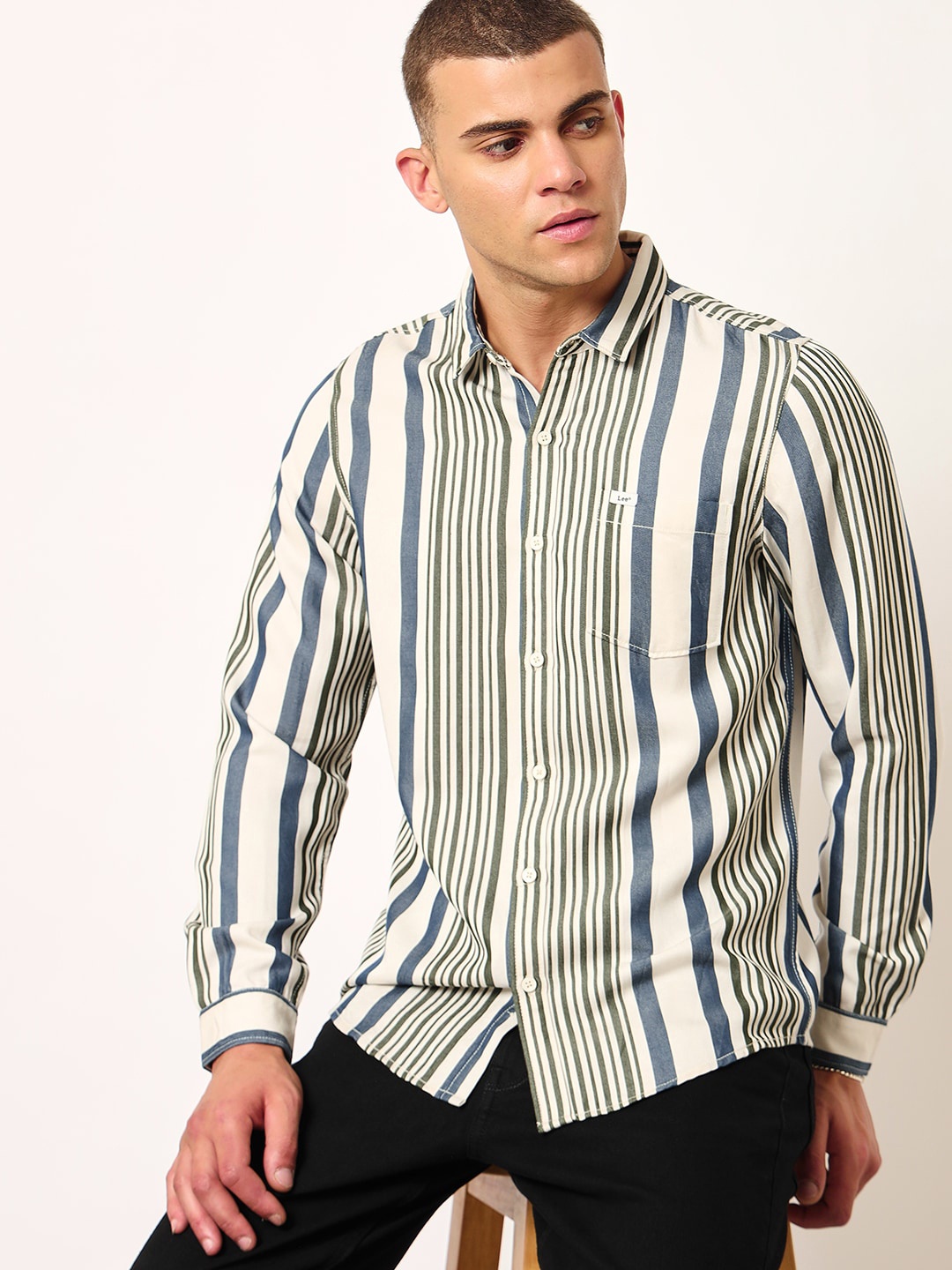 

Lee Spread Collar Slim Fit Twill Striped Casual Shirt, Cream