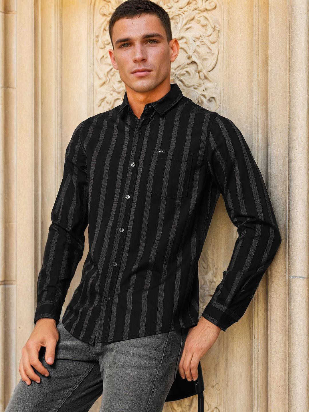 

Lee Spread Collar Slim Fit Striped Casual Cotton Shirt, Black
