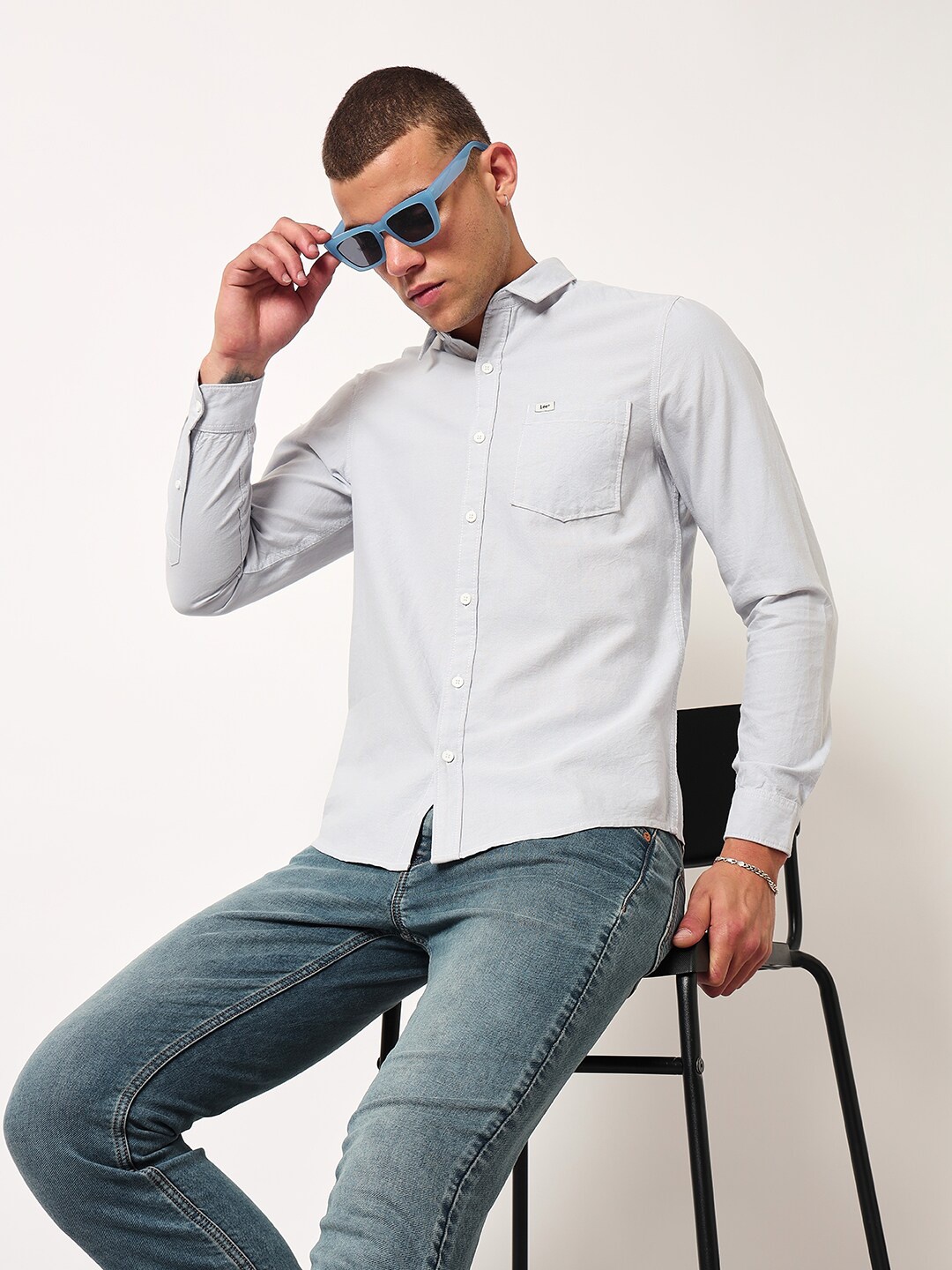 

Lee Spread Collar Long Sleeves Slim Fit Casual Organic Cotton Shirt, Grey