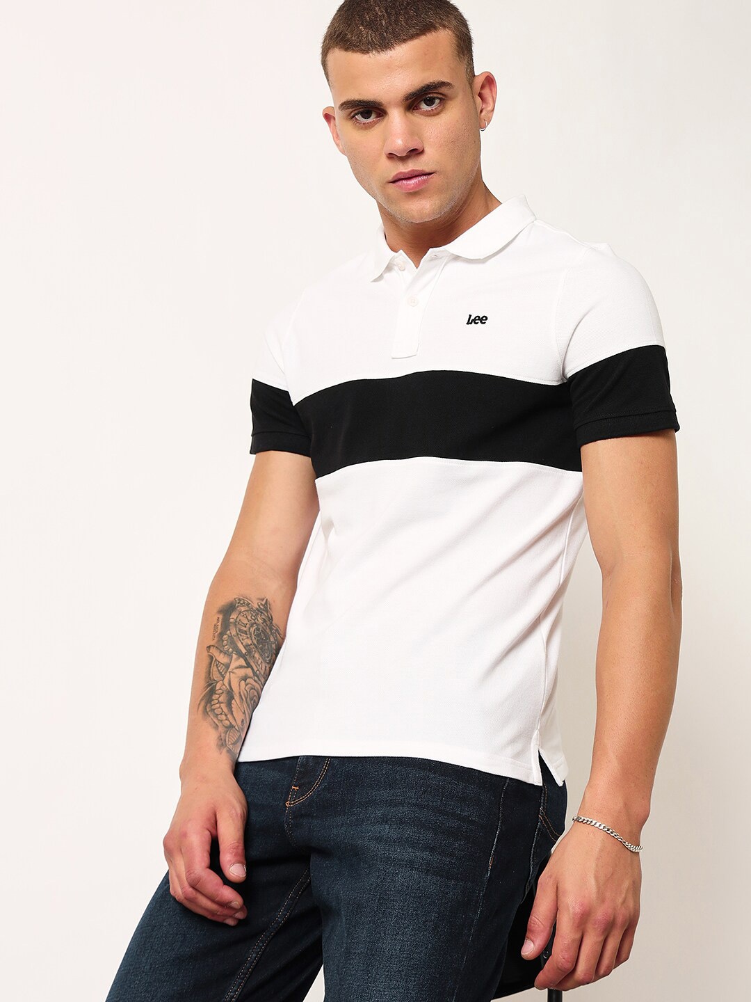 

Lee Striped Polo Collar Pure Cotton Slim Fit T-shirt, White
