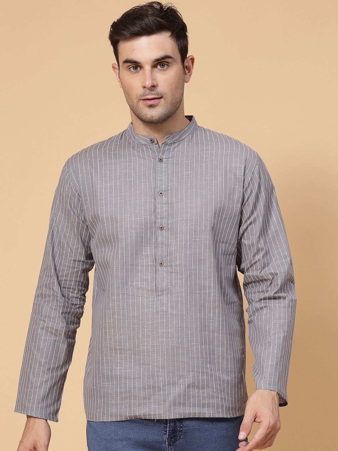 

ADWYN PETER Striped Band Collar Cotton Kurta, Grey