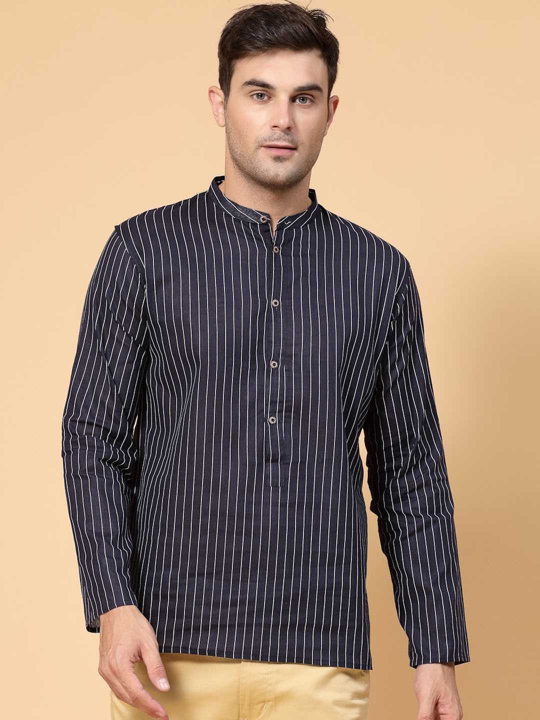 

ADWYN PETER Striped Band Collar Cotton Kurta, Navy blue