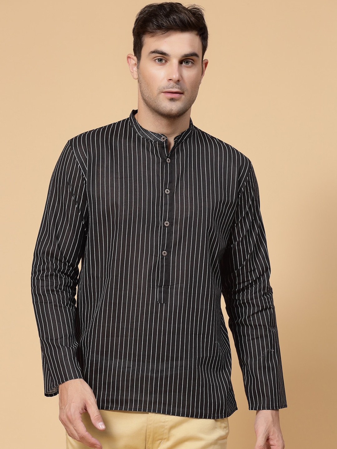 

ADWYN PETER Striped Band Collar Cotton Kurta, Black