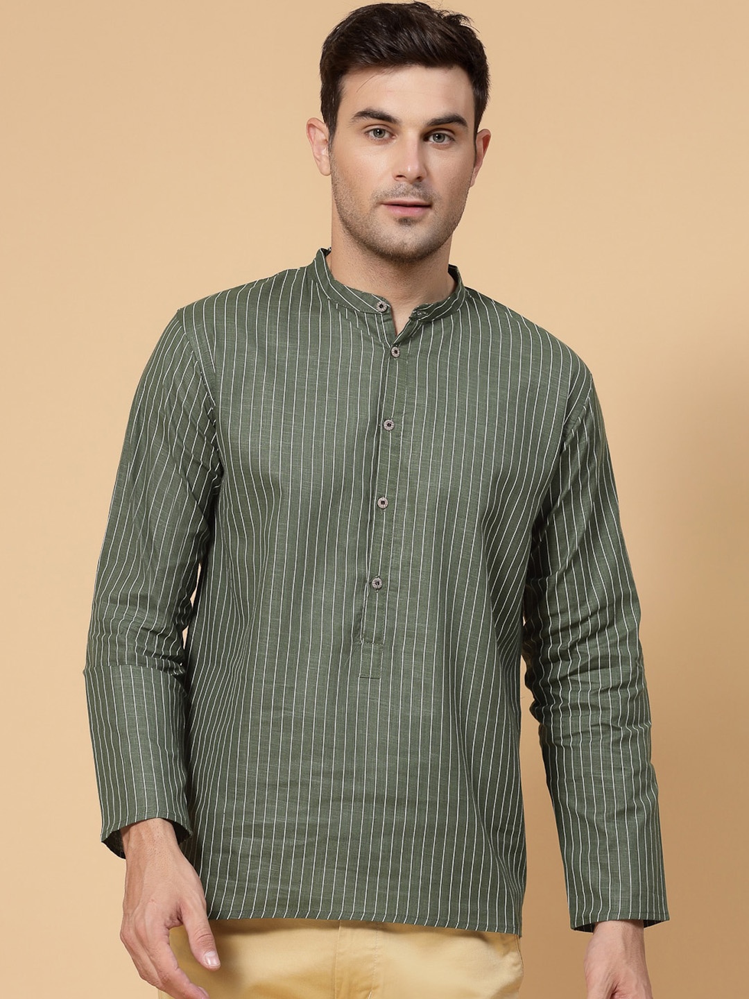 

ADWYN PETER Striped Mandarin Collar Pure Cotton Kurta, Green