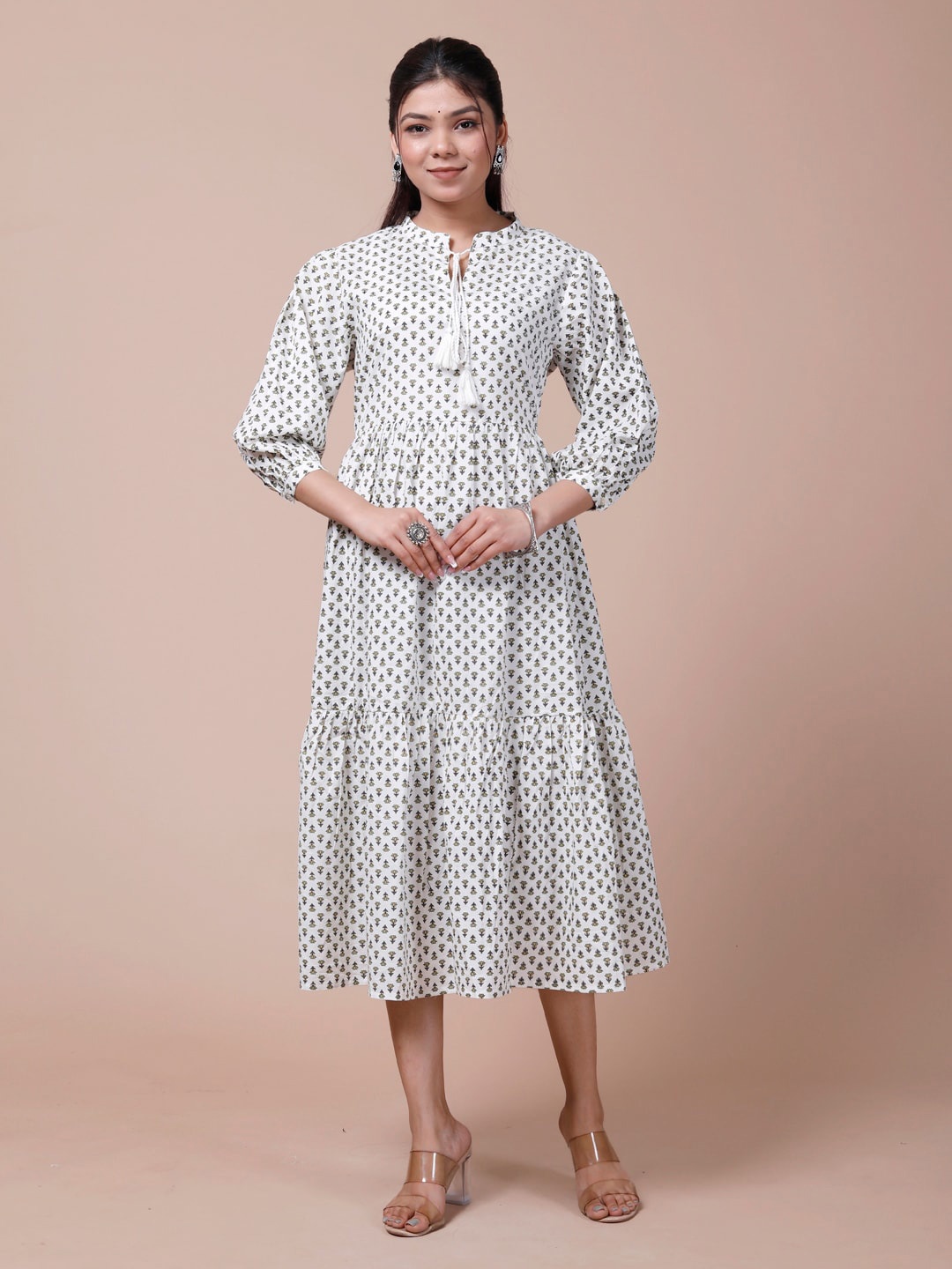 

DESI BEATS Floral Printed Puff Sleeves Gathered Fit & Flare Midi Ethnic Dress, White
