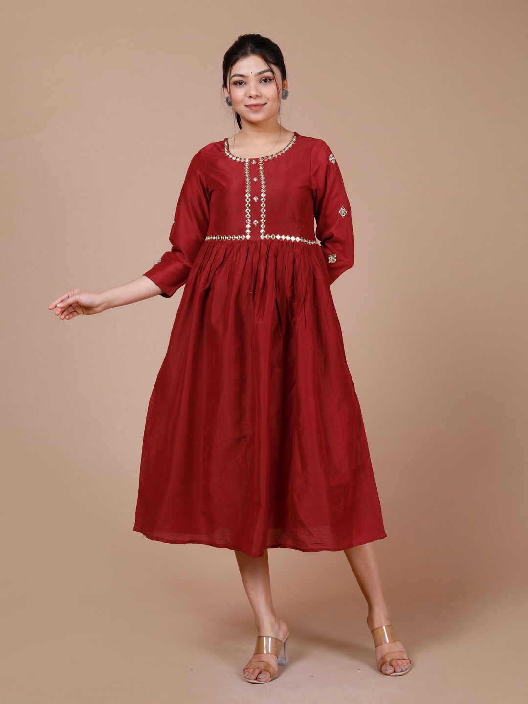 

DESI BEATS Embroidered Mirror Work Fit & Flare Midi Ethnic Dress, Maroon