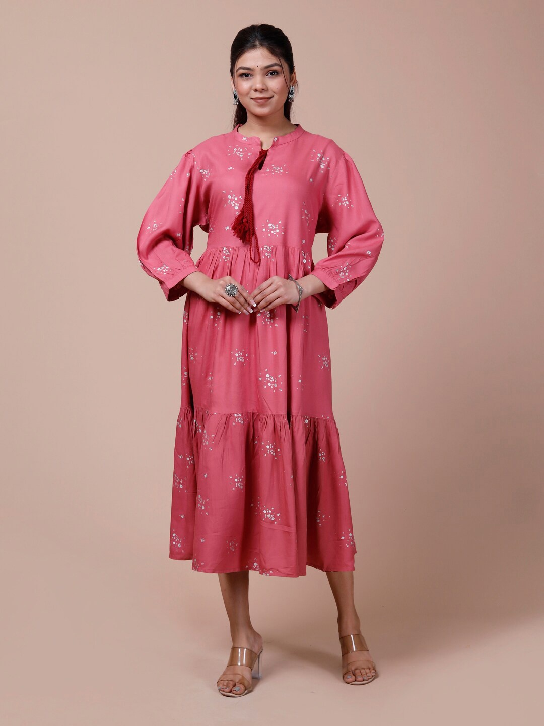 

DESI BEATS Floral Printed Puff Sleeves Gathered Fit & Flare Midi Ethnic Dress, Pink