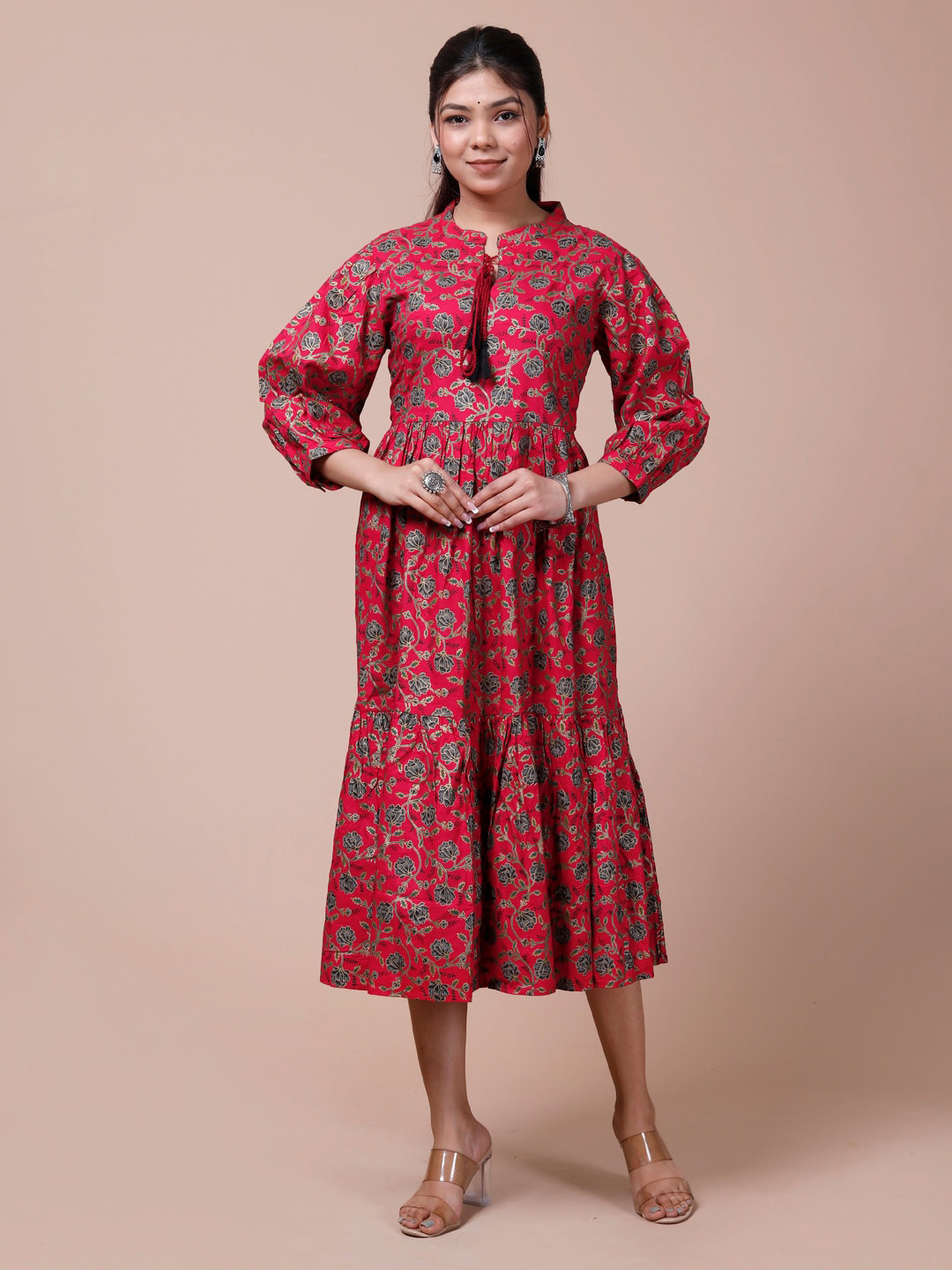 

DESI BEATS Floral Printed Puff Sleeves Gathered Fit & Flare Midi Ethnic Dress, Red