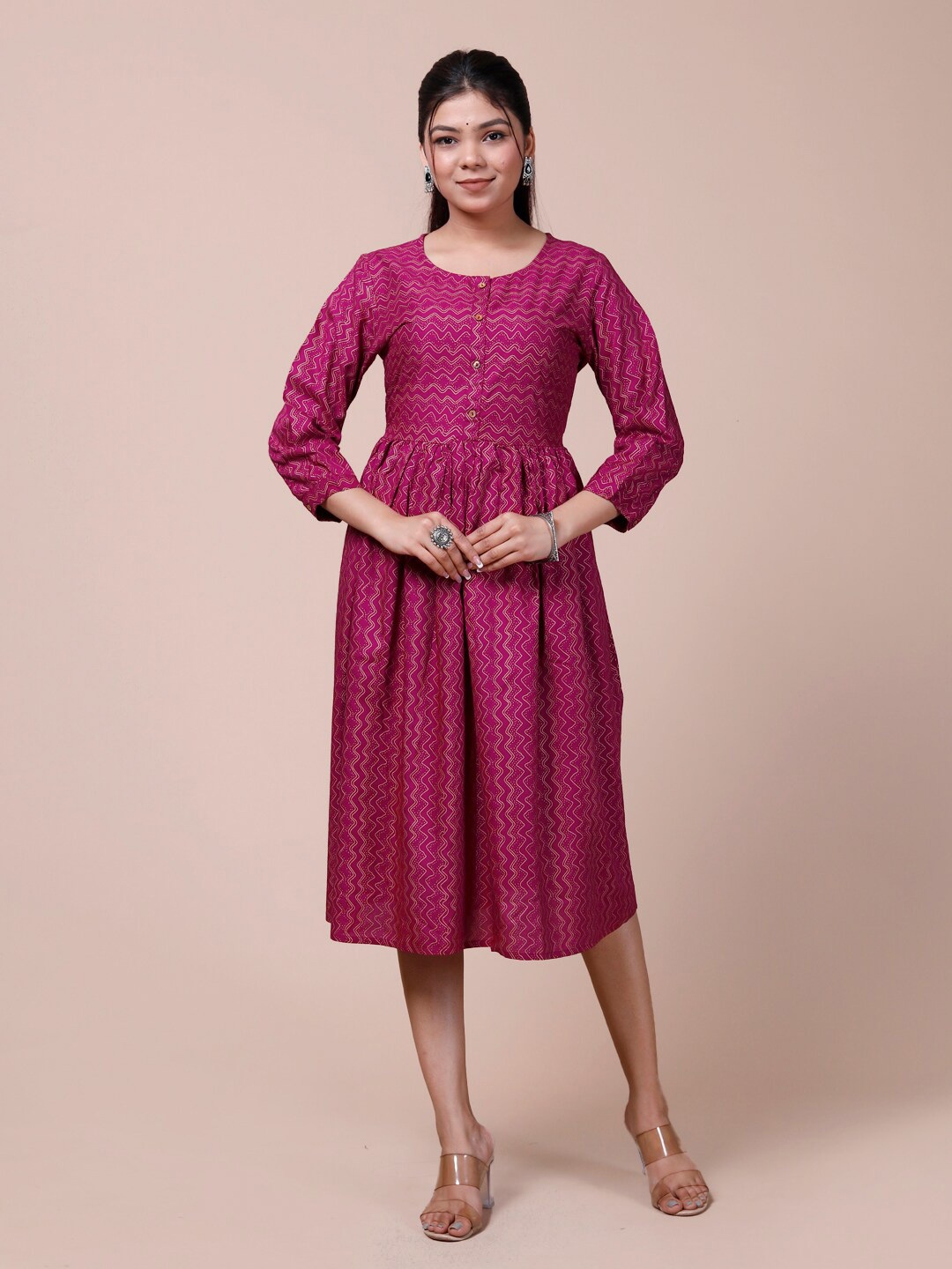

DESI BEATS Chevron Printed Fit & Flare Midi Ethnic Dress, Magenta