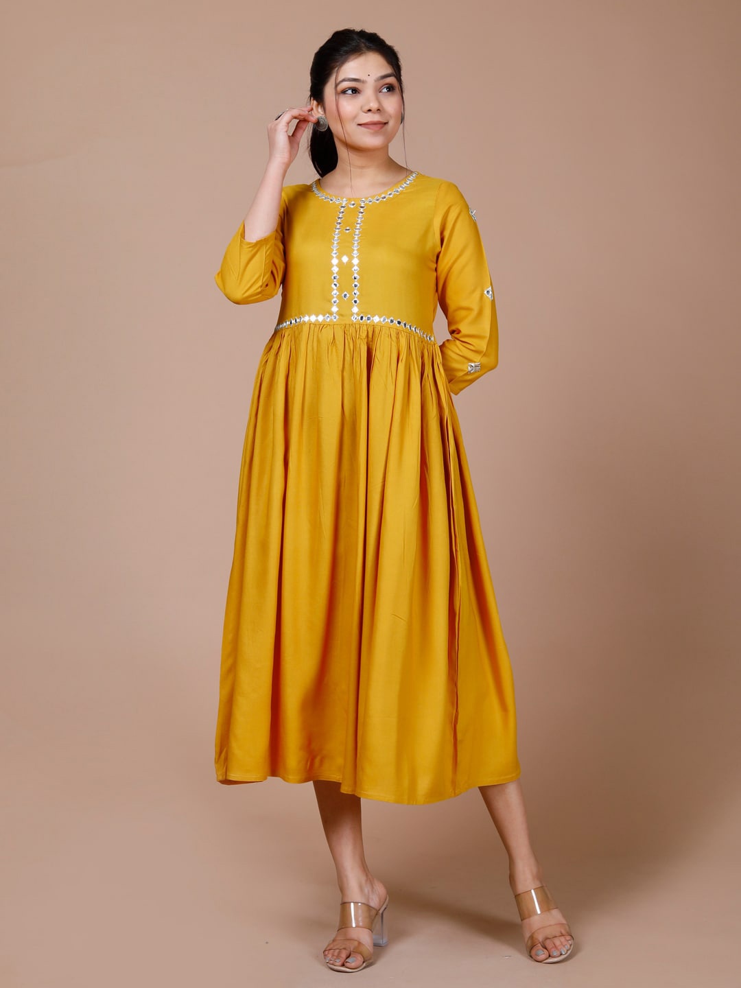 

DESI BEATS Embroidered Mirror Work Fit & Flare Midi Ethnic Dress, Mustard
