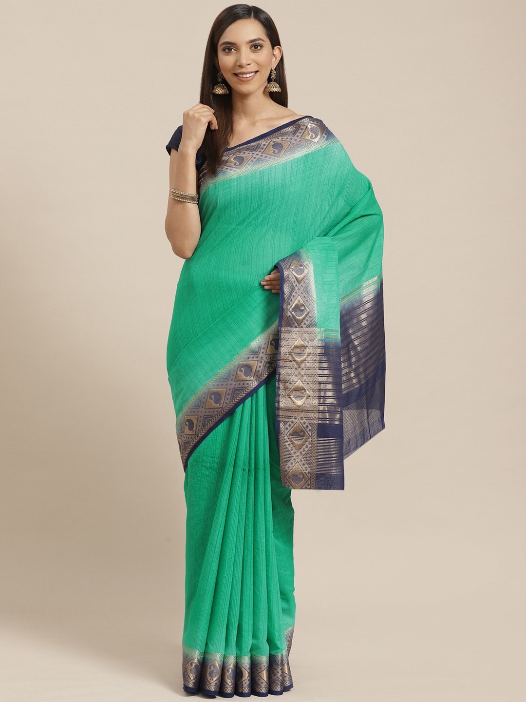 

Shaily Striped Zari Silk Blend Kanjeevaram Saree, Green