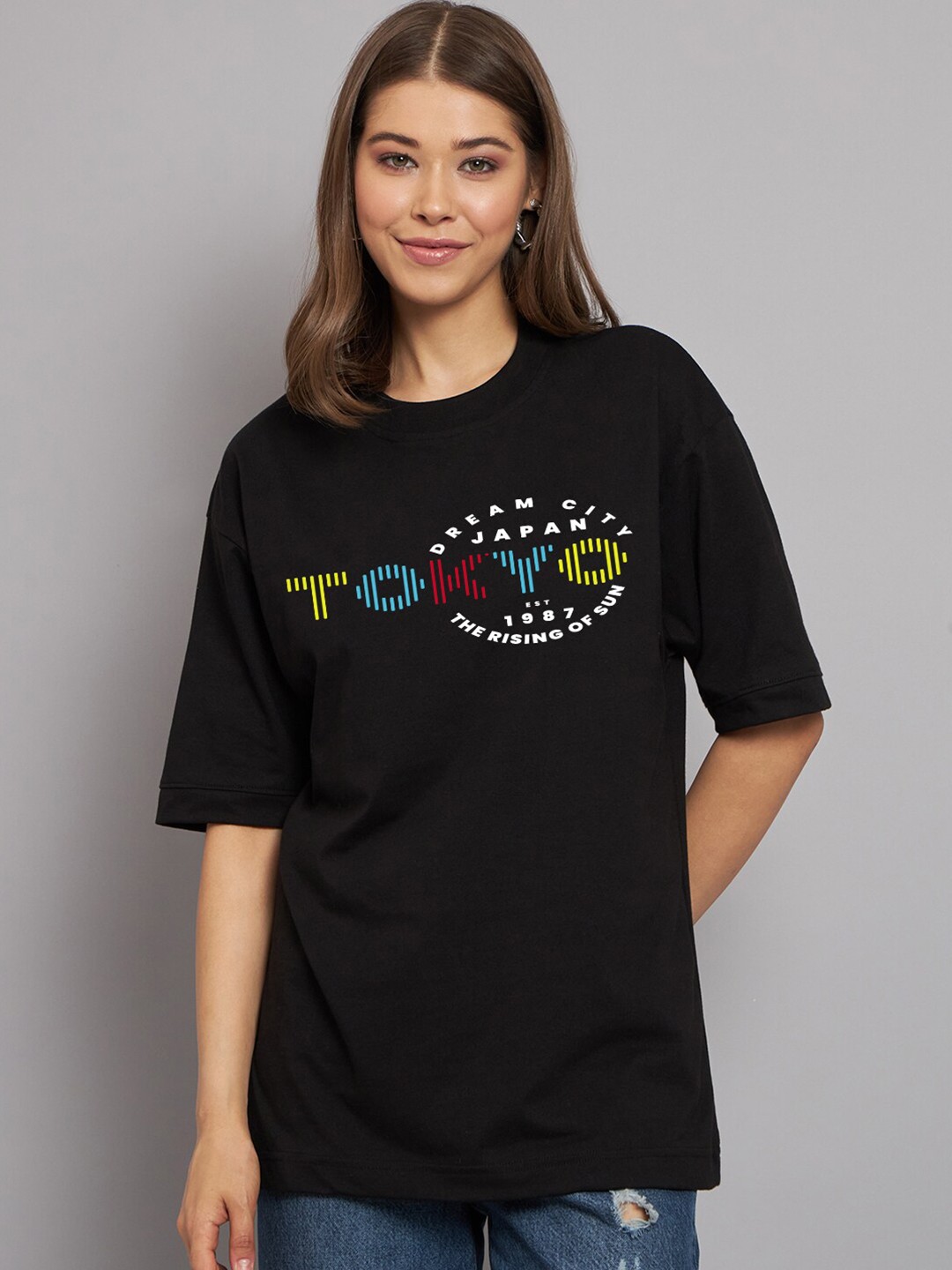

Imsa Moda Typography Printed Drop Shoulder Sleeves Oversize Cotton Casual T Shirt, Black