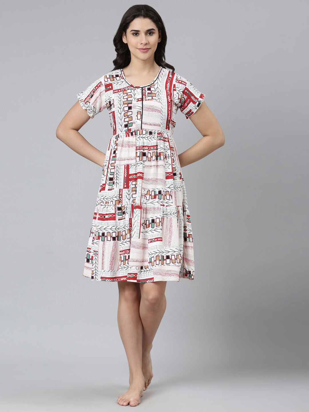 

GOLDSTROMS Geometric Printed Round Neck Short Sleeve Regular Nightdress, White