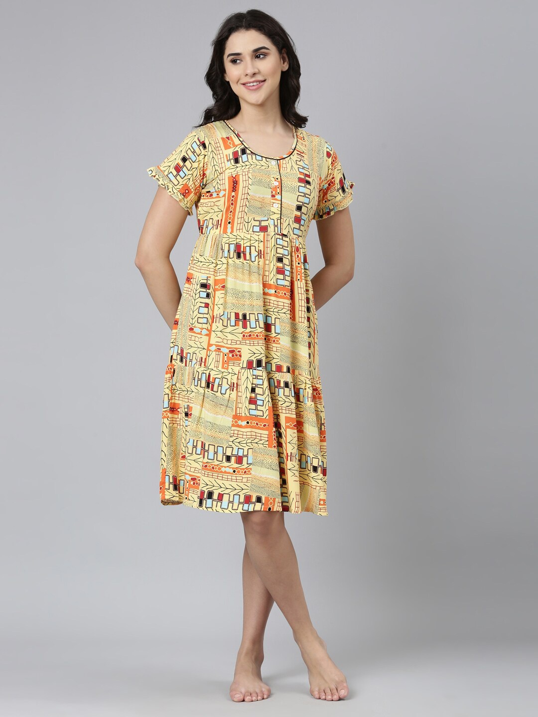 

GOLDSTROMS Geometric Printed Short Sleeves Nightdress, Yellow