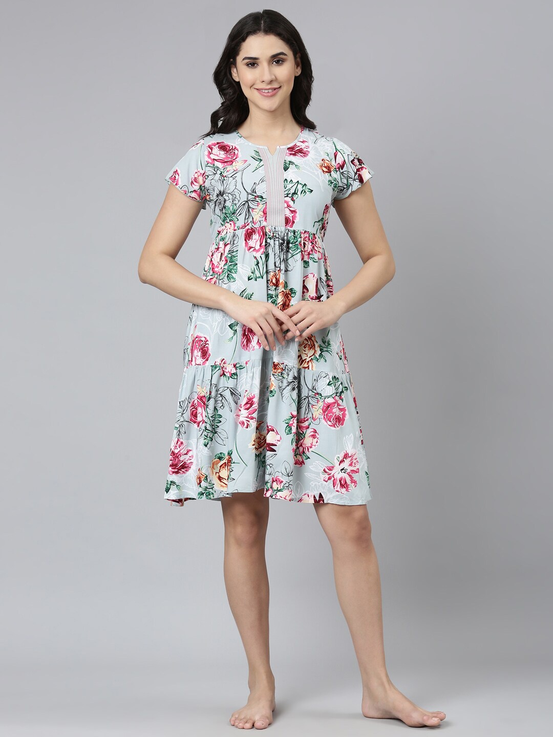 

GOLDSTROMS Floral Printed Round Neck Regular Nightdress, Sea green