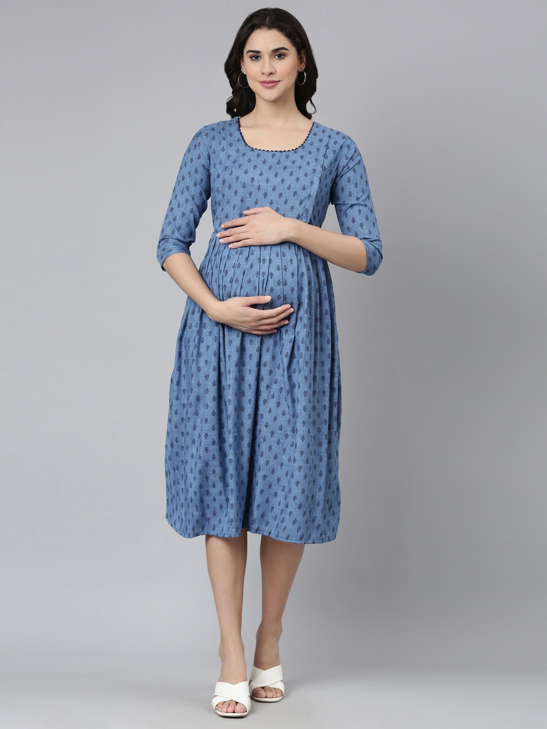 

GOLDSTROMS Ethnic Motifs Printed Round Neck Gathered Fit & Flare Maternity Dress, Blue