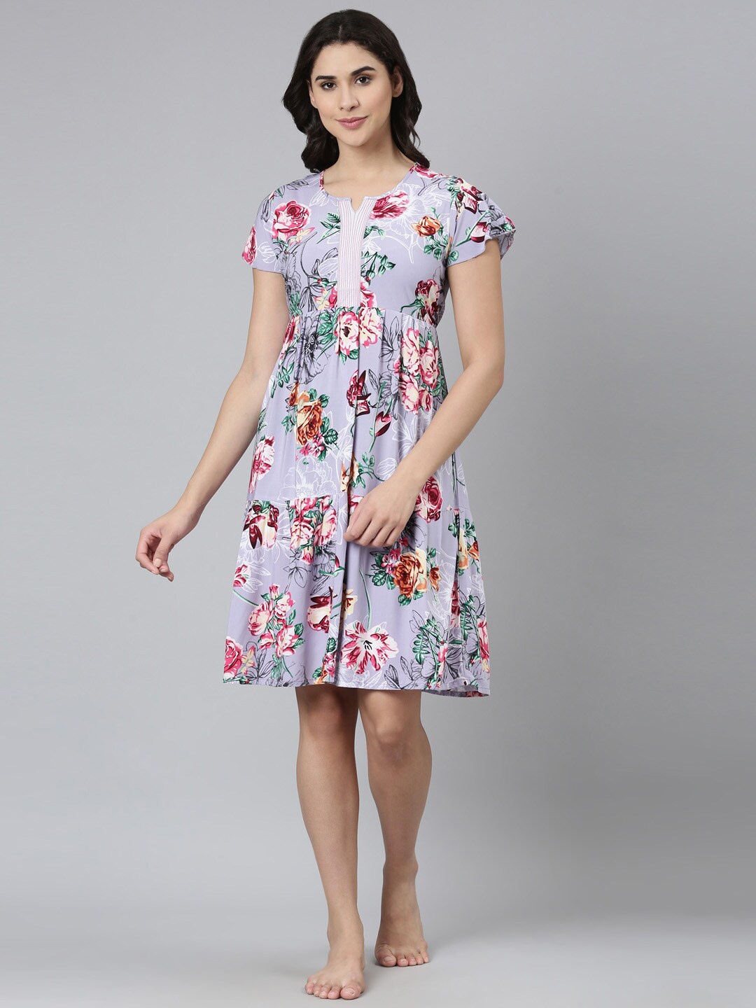 

GOLDSTROMS Floral Printed Round Collar Night Dress, Lavender