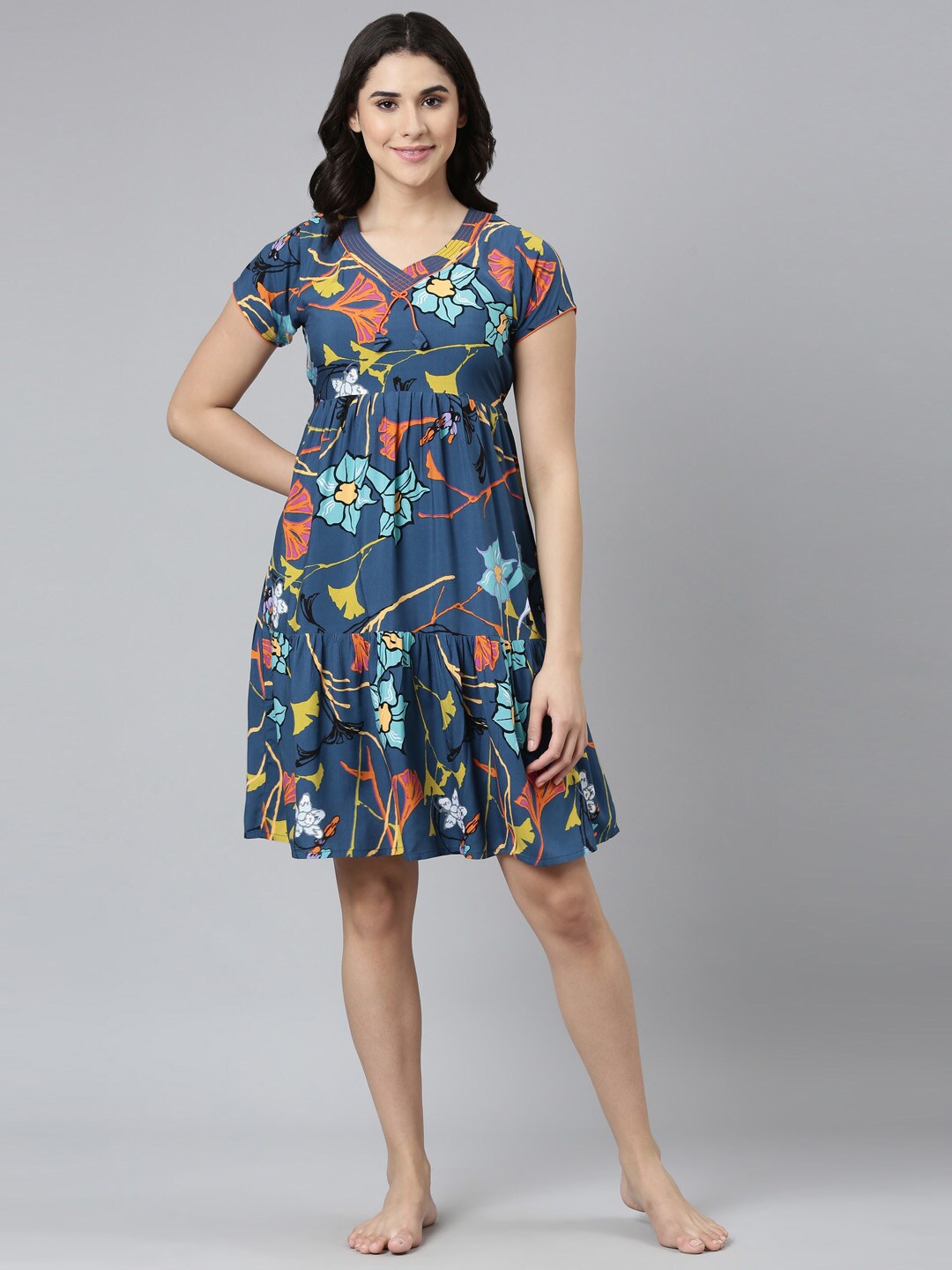 

GOLDSTROMS Floral Printed Short Sleeves Nightdress, Blue
