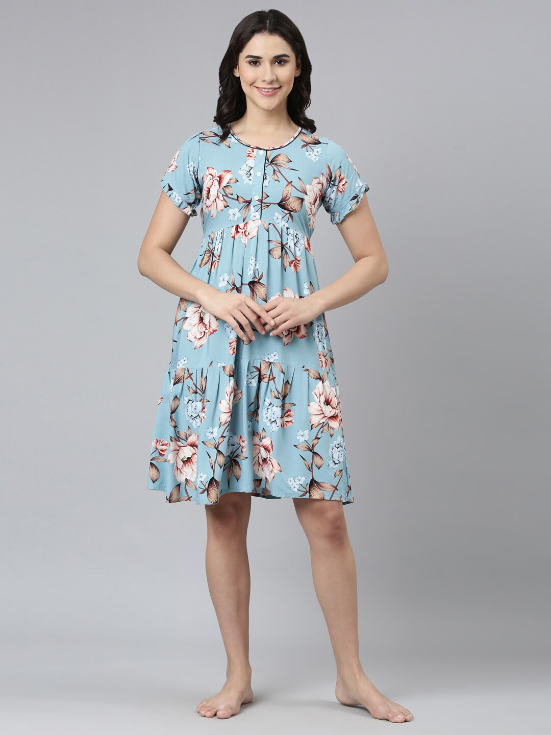 

GOLDSTROMS Floral Printed Round Neck Regular Night Dress, Blue