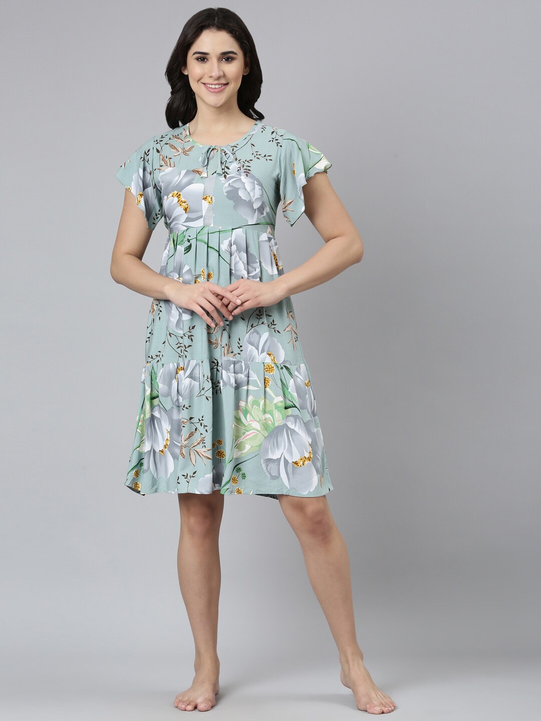 

GOLDSTROMS Floral Printed Tie-Up Neck Tiered Nightdress, Sea green