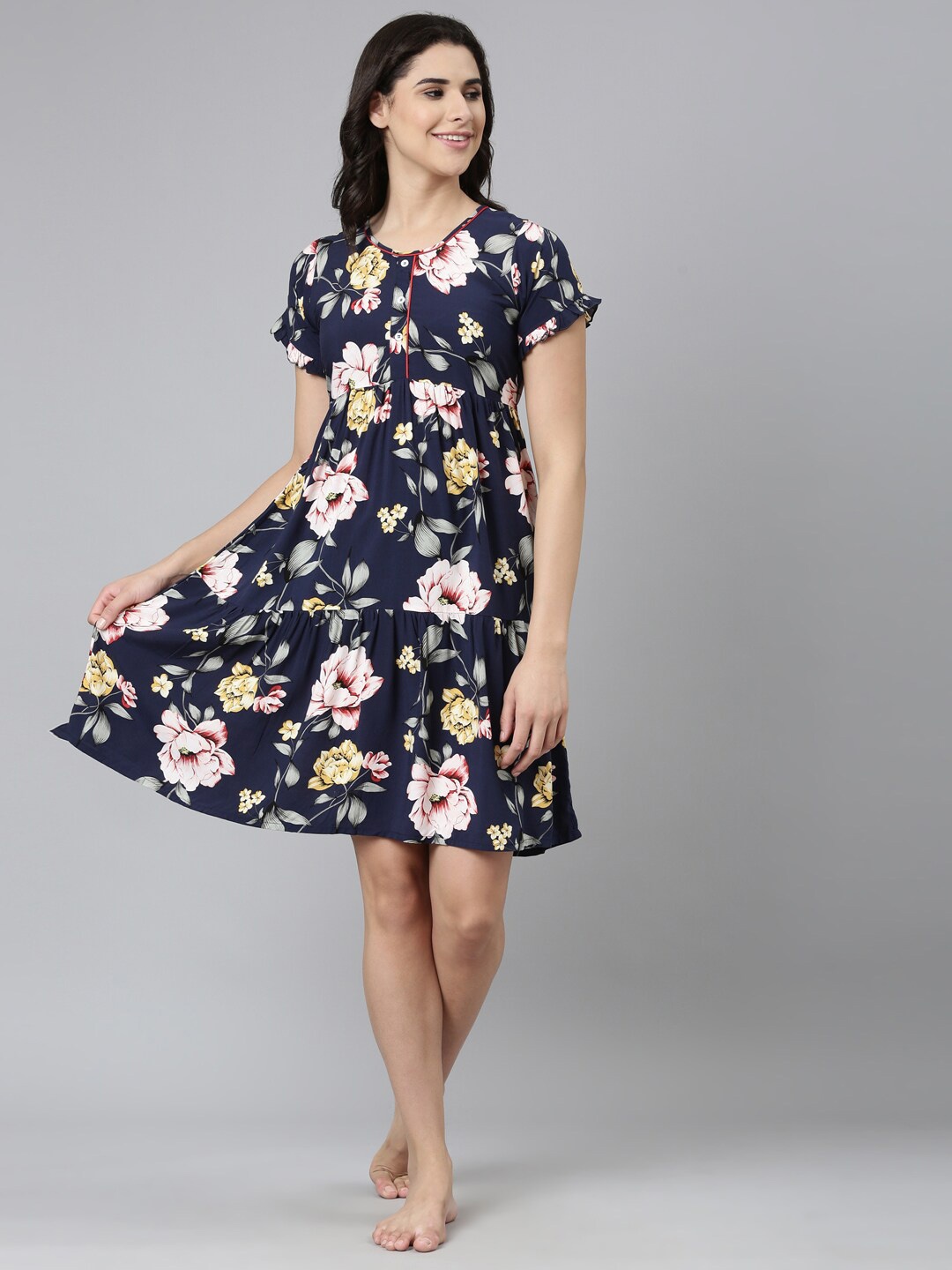 

GOLDSTROMS Floral Printed Round Neck Short Sleeve Regular Nightdress, Navy blue