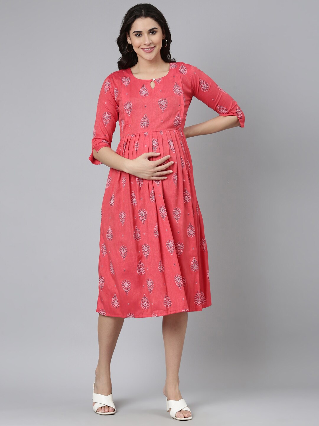 

GOLDSTROMS Ethnic Motifs Printed Key-Hole Neck Maternity Fit & Flared Midi Dress, Fuchsia