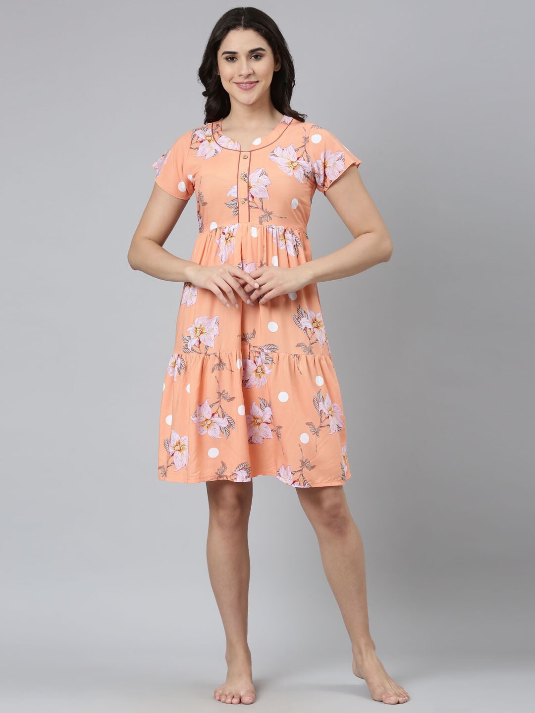 

GOLDSTROMS Floral Printed Round Neck Short Sleeve Regular Nightdress, Peach